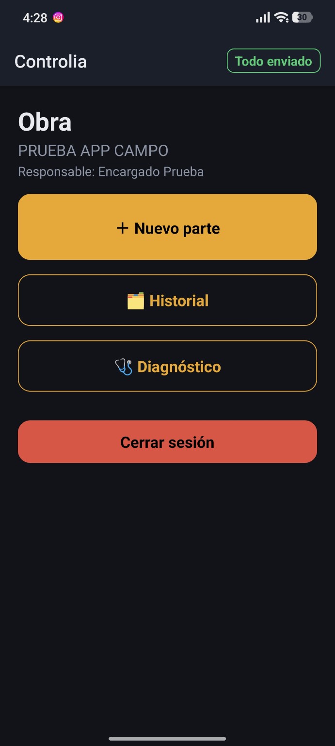 App Campo CONTROLIA — nuevo parte y datos de la jornada