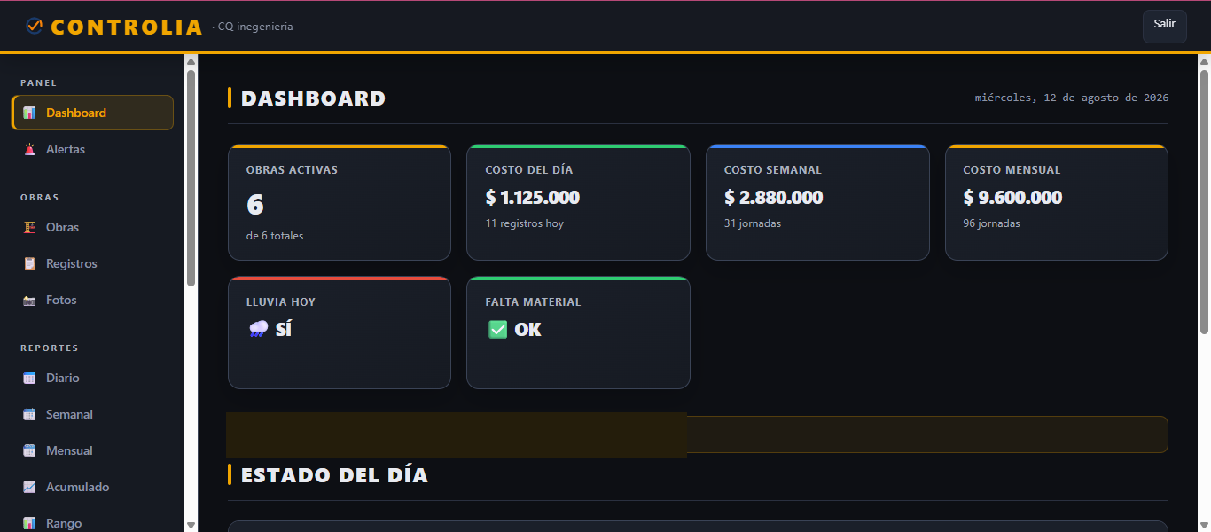 Plataforma web CONTROLIA con dashboard operativo y costos