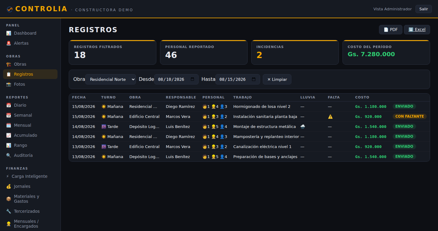 CONTROLIA — filtros y registros operativos