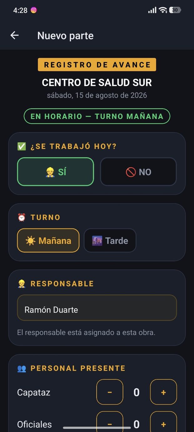 CONTROLIA — app de campo: nuevo parte de obra desde el celular