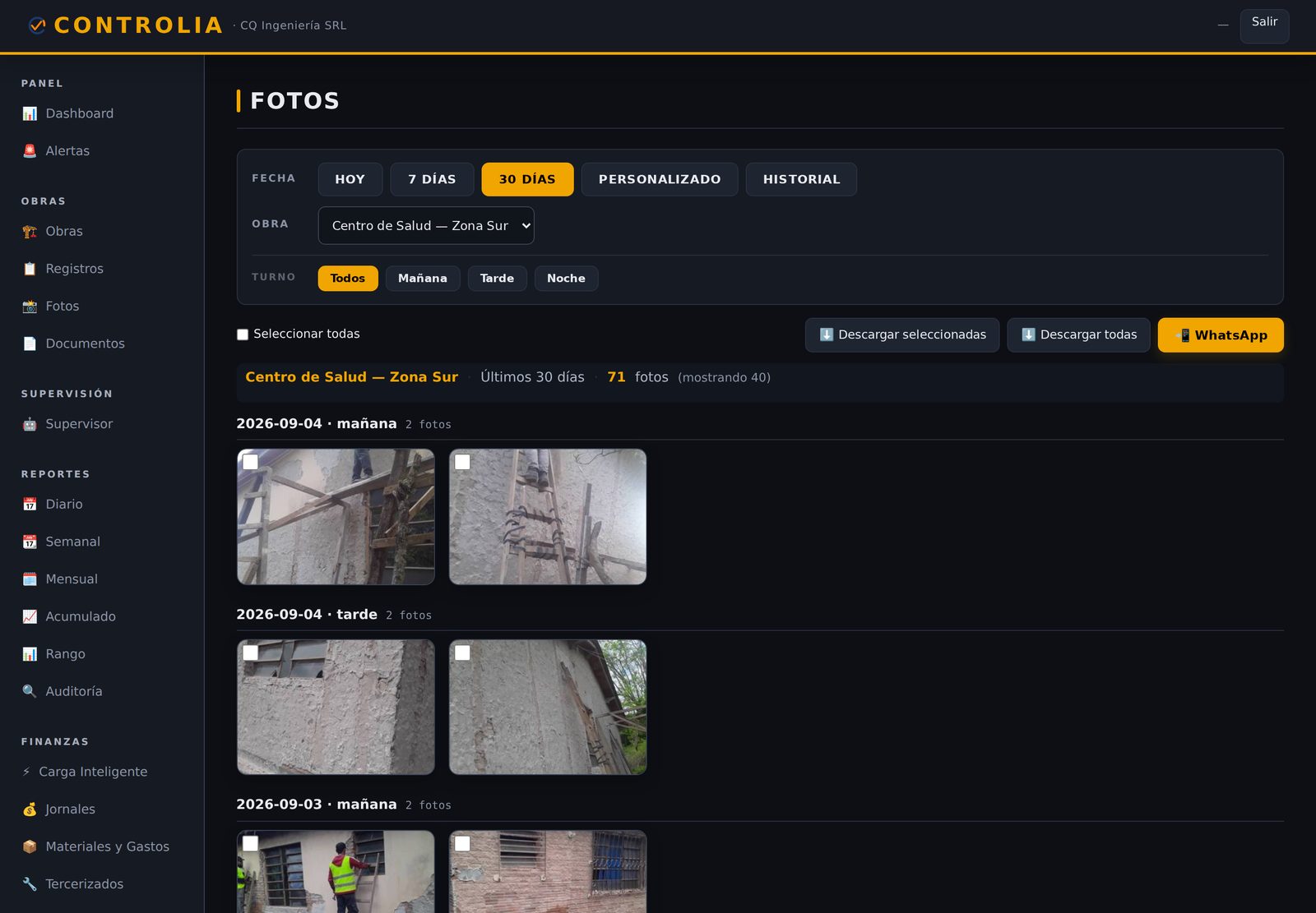 CONTROLIA — galería de fotos de obra por día y turno