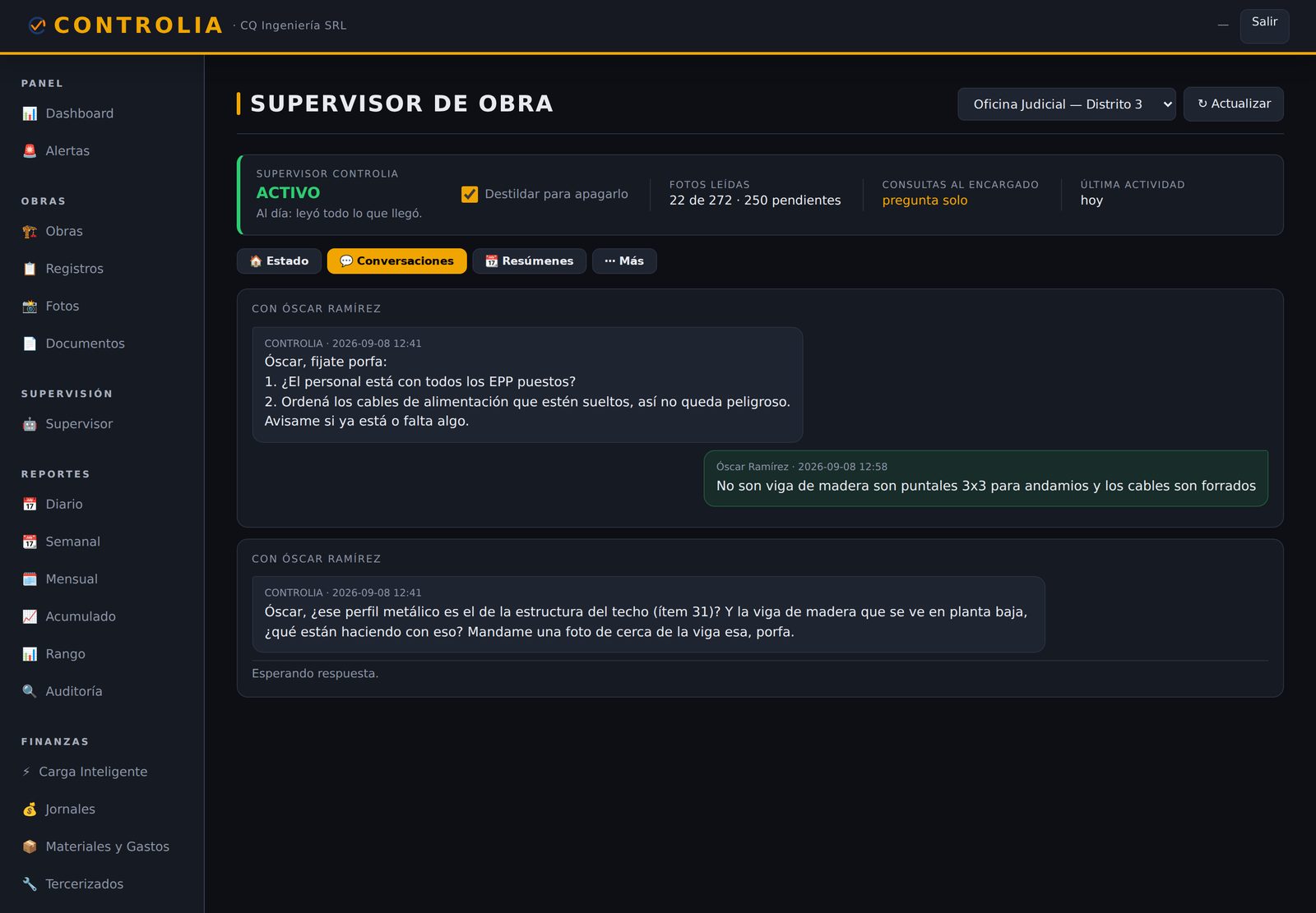 CONTROLIA — conversación real del Supervisor con el encargado de obra