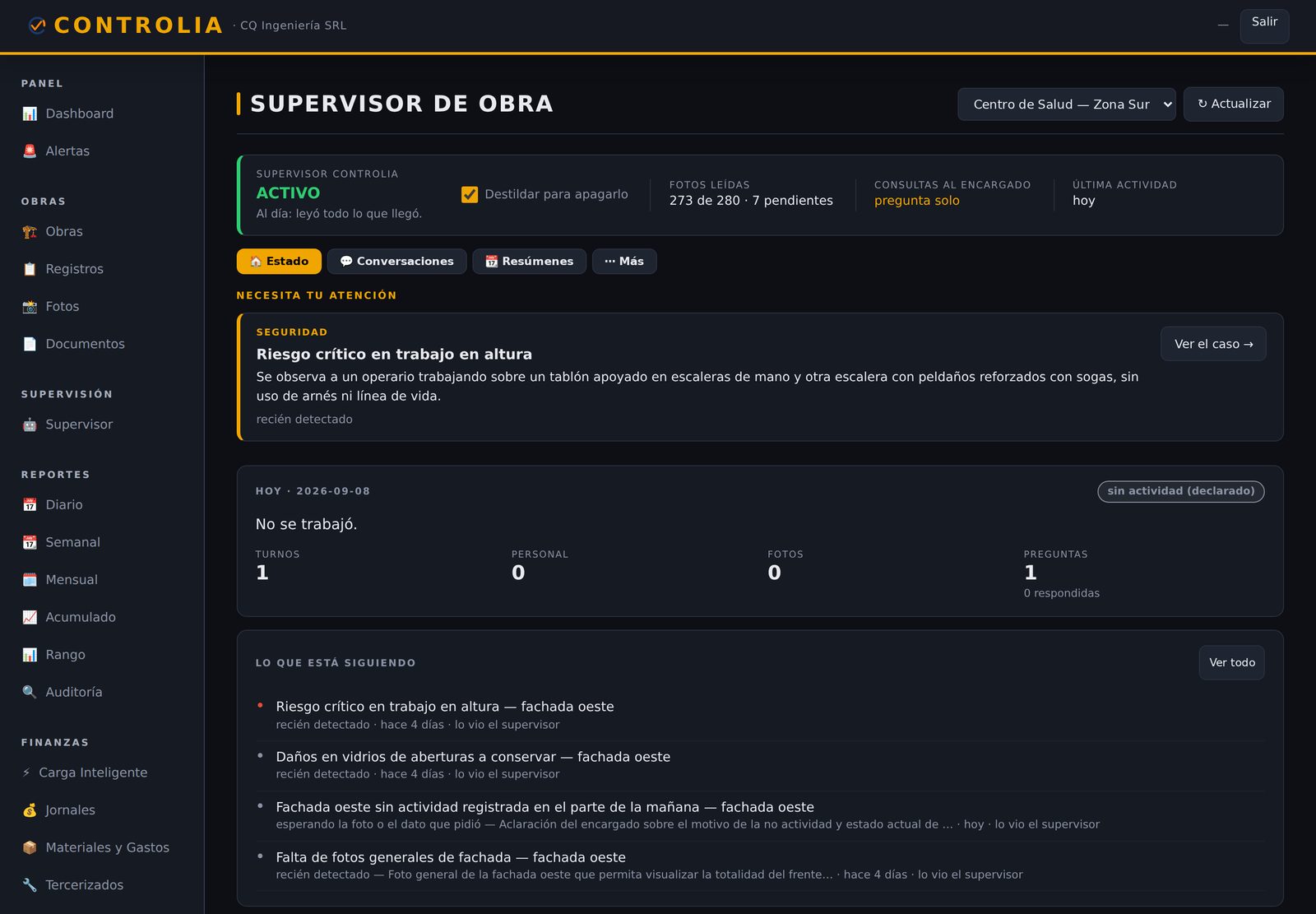 CONTROLIA — pantalla del Supervisor de Obra con lo que necesita atención