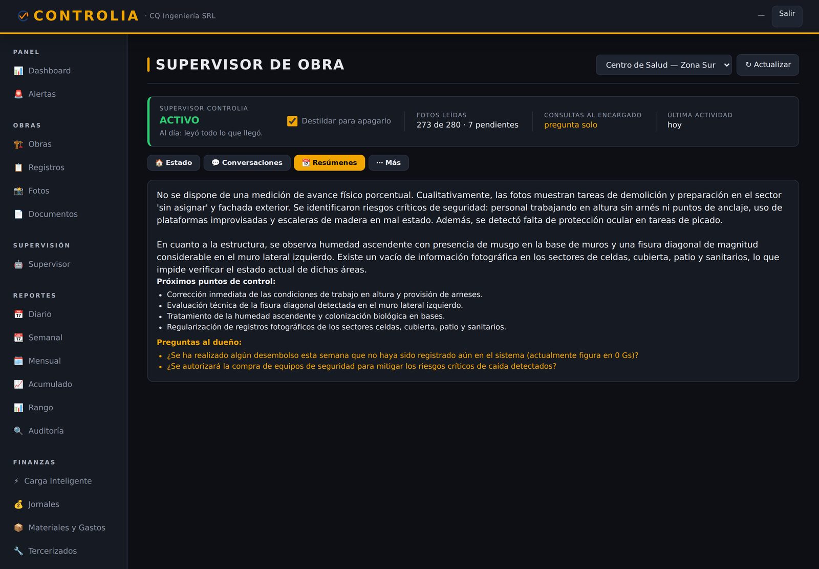 CONTROLIA — resumen de obra del Supervisor